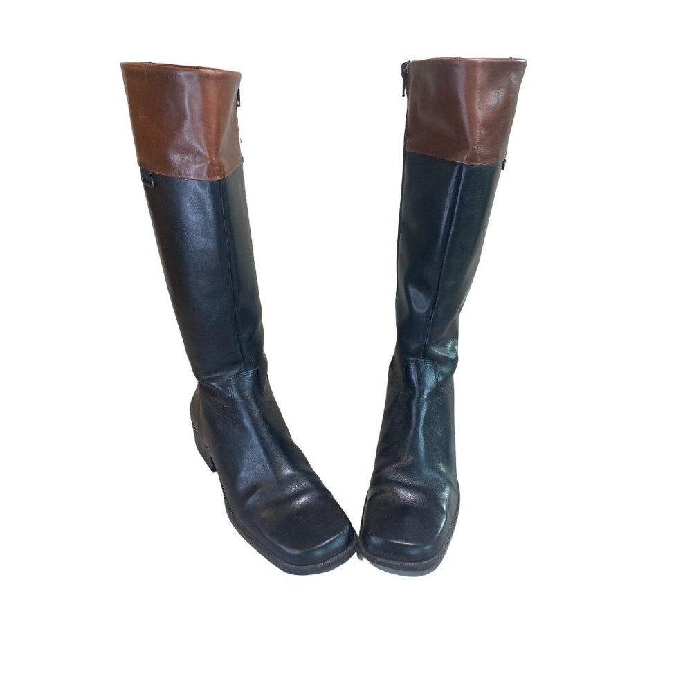 Enzo Angiolini W 9.5 Leather Black Brown Knee High Riding Boots Square Toes - Picture 12 of 12
